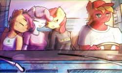 Size: 2000x1196 | Tagged: safe, artist:mistleinn, imported from derpibooru, apple bloom, big macintosh, scootaloo, sweetie belle, anthro, pegasus, unicorn, adorabloom, brother and sister, car interior, clothes, cute, cutealoo, cutie mark crusaders, diasweetes, driving, eyes closed, female, male, older, older apple bloom, older cmc, older scootaloo, older sweetie belle, one eye closed, siblings, sleeping, tanktop, truck