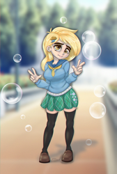 Size: 1200x1787 | Tagged: safe, alternate version, artist:inkypuso, imported from derpibooru, derpy hooves, human, blushing, bubble, clothes, cute, derpabetes, double peace sign, female, flats, humanized, peace sign, shirt, shoes, skirt, socks, solo, stockings, thigh highs