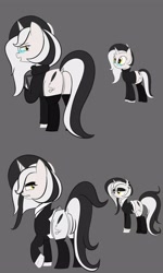 Size: 3000x5000 | Tagged: safe, artist:bestponies, imported from derpibooru, oc, oc only, oc:diamond horseshoe, unicorn, angry, butt, clothes, drawing tablet, ear piercing, earring, female, glasses, goth, horn, jewelry, looking back, makeup, mare, piercing, plot, socks, suit, sweater, unicorn oc, yellow eyes