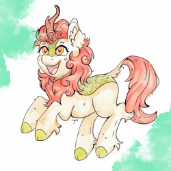 Size: 3611x3610 | Tagged: safe, artist:lightisanasshole, imported from derpibooru, autumn blaze, kirin, abstract background, cheek fluff, colored hooves, ear fluff, female, happy, jumping, open mouth, open smile, raised hoof, smiling, solo, traditional art, watercolor painting