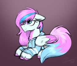 Size: 3242x2757 | Tagged: source needed, safe, artist:selenophile, imported from derpibooru, oc, oc only, oc:dyn, pegasus, pony, blue eyes, chest fluff, clothes, colored wings, cute, eyelashes, facial markings, floppy ears, fluffy tail, happy, long mane, long tail, lying down, multicolored mane, multicolored tail, multicolored wings, shy, simple background, sweater, tail, wings
