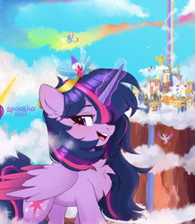 Size: 1709x1958 | Tagged: safe, artist:spoosha, imported from derpibooru, pipp petals, rainbow dash, sunny starscout, twilight sparkle, zipp storm, alicorn, pegasus, pony, alternate hairstyle, braid, chest fluff, cloud, cloudpuff, crown, earth pony crystal, eyebrows, eyebrows visible through hair, female, flying, g5, hair over one eye, jewelry, magic, magic aura, mare, my little pony: a new generation, offscreen character, open mouth, open smile, pegasus crystal, race swap, rainbow, regalia, sky, smiling, solo focus, sunnycorn, twilight sparkle (alicorn), unicorn crystal, zephyr heights