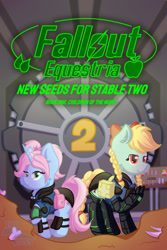 Size: 1024x1536 | Tagged: safe, artist:exobass, imported from derpibooru, oc, oc:appletree, oc:stardust, earth pony, pony, unicorn, fallout equestria, amputee, bag, bone, bookcover, bow, braid, braided tail, clothes, controller, earth pony oc, female, horn, jumpsuit, mare, overalls, pigtails, prosthetic leg, prosthetic limb, prosthetics, stable, tail, unicorn oc, vault suit