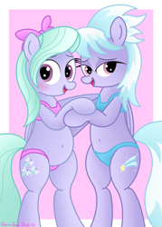 Size: 2884x4032 | Tagged: safe, artist:rainbowšpekgs, imported from derpibooru, cloudchaser, flitter, pegasus, pony, adorasexy, bedroom eyes, belly, belly button, bipedal, blushing, bow, chubby, clothes, cute, duo, duo female, embarrassed, female, hair bow, mare, plump, sexy, simple background, standing, swimsuit