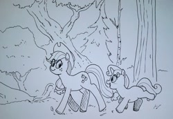 Size: 2048x1406 | Tagged: safe, artist:pony quarantine, imported from derpibooru, applejack, sweetie belle, earth pony, pony, unicorn, blank flank, duo, female, filly, foal, forest, grayscale, lineart, mare, monochrome, walking