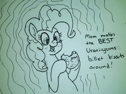 Size: 2048x1529 | Tagged: safe, artist:pony quarantine, imported from derpibooru, pinkie pie, earth pony, pony, dialogue, eating, female, hoof hold, mare, monochrome, open mouth, puffy cheeks, solo, this will end in death, this will end in radiation poisoning, traditional art, uranium