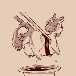 Size: 1200x1200 | Tagged: safe, artist:cold-blooded-twilight, imported from derpibooru, rarity, pony, unicorn, blushing, butt, chopsticks, dock, featureless crotch, female, food, foodplay, looking back, micro, monochrome, plot, ponies in food, ponies in sushi, raised tail, rearity, sauce, sketch, solo, sushi, tail