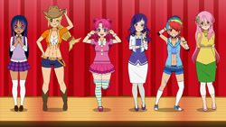 Size: 1024x576 | Tagged: safe, artist:onionfairy99, imported from derpibooru, applejack, fluttershy, pinkie pie, rainbow dash, rarity, twilight sparkle, human, belt, boots, clothes, cowboy boots, cowboy hat, hat, humanized, jacket, kisekae, mane six, pants, shirt, shoes, shorts, skirt, socks