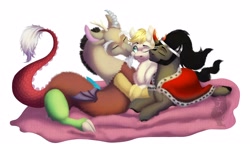Size: 3000x1728 | Tagged: safe, artist:jazzwolfblaze, imported from derpibooru, discord, king sombra, oc, oc:exist, draconequus, hippogriff, hybrid, pony, unicorn, canon x oc, cheek kiss, comforting, comfy, commission, cute, gay, griffequus, kiss sandwich, kissing, male, polyamory, shipping, simple background, smooch, soft, white background