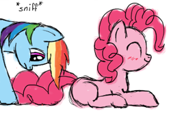 Size: 343x233 | Tagged: safe, artist:kristelpokemonfan, edit, imported from derpibooru, pinkie pie, rainbow dash, earth pony, pegasus, pony, blushing, cropped, eyes closed, female, lying down, mare, multicolored hair, prone, rainbow hair, simple background, smelling, smiling, sniffing, white background