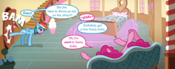 Size: 720x284 | Tagged: safe, artist:syoee b, edit, imported from derpibooru, pinkie pie, rainbow dash, earth pony, pegasus, pony, comic:pinkie's dingdong, bed, bedroom, blushing, comic, couch, cropped, dialogue, door, door slam, female, kicking, lying down, mare, multicolored hair, on back, rainbow hair, speech bubble, sugarcube corner, text, unamused, wings