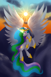 Size: 1000x1500 | Tagged: safe, artist:sphexvirart, imported from derpibooru, princess celestia, alicorn, pony, female, mare, solo, summer solstice, sunrise