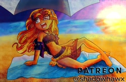 Size: 3122x2039 | Tagged: safe, artist:shadowhawx, imported from derpibooru, sunset shimmer, human, equestria girls, bare shoulders, barefoot, beach, beach towel, belly button, bikini, clothes, feet, happy, midriff, open mouth, parasol (umbrella), sarong, see-through, sleeveless, smiling, solo, sunset, sunset shimmer's beach shorts swimsuit, swimsuit