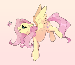 Size: 1794x1555 | Tagged: safe, artist:bakedariez, imported from derpibooru, fluttershy, butterfly, pegasus, pony, female, flying, gradient background, mare, solo, spread wings, wings