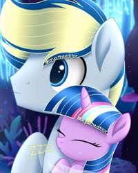 Size: 1200x1500 | Tagged: safe, artist:aryatheeditor, imported from derpibooru, oc, oc only, oc:nightfall sparkle, oc:velodash, pegasus, pony, sea pony, seapony (g4), unicorn, adorable face, blue eyes, cute, eyes closed, father and child, father and daughter, female, horn, male, ocean, offspring, parent:oc:velodash, parent:twilight sparkle, parents:canon x oc, seaponified, seaquestria, sleeping, species swap, underwater, water