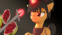 Size: 1920x1080 | Tagged: safe, artist:arrell, imported from derpibooru, oc, oc only, oc:blackpowder, pony, unicorn, 3d, clothes, ear piercing, female, food, freckles, levitation, magic, magic aura, mare, piercing, pirate, scar, scarf, solo, source filmmaker, sword, telekinesis, watermelon, weapon