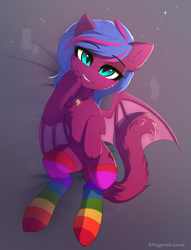 Size: 2543x3333 | Tagged: safe, artist:magnaluna, imported from derpibooru, oc, oc only, oc:spanking shade, cat, cat pony, original species, pony, bat wings, cat tail, chest fluff, clothes, ear fluff, fangs, female, jewelry, looking at you, mare, necklace, paws, rainbow socks, slit pupils, socks, solo, stockings, striped socks, tail, thigh highs, wings