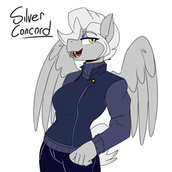 Size: 2500x2500 | Tagged: safe, artist:coatieyay, imported from derpibooru, oc, oc:silver concord, anthro, pegasus, clothes, sharp teeth, teeth