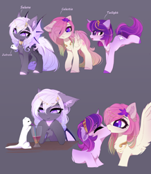 Size: 2924x3355 | Tagged: safe, artist:magnaluna, imported from derpibooru, princess celestia, princess luna, twilight sparkle, oc, oc:zefiroth, bat pony, ferret, pegasus, pony, unicorn, zefiros codex, alternate design, bat wings, blushing, chest fluff, drinking, drinking straw, ear fluff, eyes closed, female, flower, flower in hair, hair accessory, jewelry, kiss on the lips, kissing, lesbian, mare, peytral, regalia, shipping, slit pupils, tiara, twilestia, unicorn twilight, unshorn fetlocks, wings