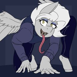 Size: 2300x2300 | Tagged: safe, artist:coatieyay, imported from derpibooru, oc, oc:silver concord, anthro, pegasus, unguligrade anthro, crawling, long tongue, slit pupils, teeth, tongue out