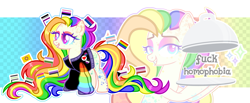 Size: 4348x1800 | Tagged: safe, artist:aurorakaufmann, imported from derpibooru, oc, oc only, oc:rebel pride, earth pony, pony, asexual pride flag, bisexual pride flag, clothes, eyeshadow, female, genderfluid pride flag, grin, intersex pride flag, jacket, lesbian pride flag, makeup, mare, markings, multicolored hair, nonbinary pride flag, pansexual pride flag, pride, pride flag, pride month, rainbow hair, smiling, solo, transgender pride flag, tray