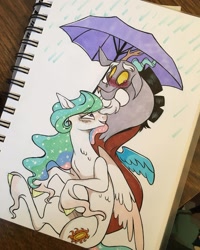 Size: 1080x1349 | Tagged: safe, artist:sunbutt.worshipper, imported from derpibooru, discord, princess celestia, bedroom eyes, blushing, celestia day, dislestia, female, looking sideways, male, rain, shipping, straight, traditional art, umbrella