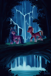 Size: 1280x1891 | Tagged: safe, artist:fantein, imported from derpibooru, izzy moonbow, sprout cloverleaf, earth pony, pony, unicorn, beautiful, bridlewood, female, forest, g5, izzysprout, male, mare, night, shipping, stallion, straight, water, waterfall