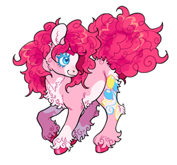 Size: 600x559 | Tagged: safe, artist:xenon, edit, imported from twibooru, pinkie pie, earth pony, pony, alternate design, coat markings, colored hooves, curly hair, fluffy, image, png, raised hoof, simple background, smiling, solo, transparent background, twitterina design, unshorn fetlocks