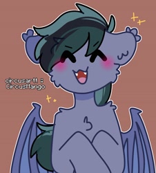 Size: 1890x2089 | Tagged: safe, artist:circusmango, imported from twibooru, oc, oc:scrimmy, bat pony, pony, banned from derpibooru, blushing, image, male, needs more jpeg, smiling, solo, stallion, wings