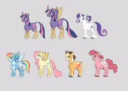 Size: 2048x1448 | Tagged: safe, artist:vividropp, imported from twibooru, applejack, fluttershy, pinkie pie, rainbow dash, rarity, twilight sparkle, alicorn, earth pony, pegasus, pony, unicorn, alternate design, alternate hairstyle, coat markings, colored hooves, colored wings, cowboy hat, curved horn, freckles, gradient hooves, hat, horn, image, leonine tail, mane six, multicolored coat, needs more jpeg, pigtails, ponytail, simple background, smiling, twilight sparkle (alicorn), unicorn twilight, unshorn fetlocks, wings