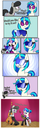 Size: 1640x5224 | Tagged: safe, artist:moonatik, edit, imported from twibooru, dj pon-3, octavia melody, vinyl scratch, earth pony, pony, unicorn, alternate hairstyle, bowtie, brainwashing, cello, clothes, comic, curtains, dialogue, female, glasses, goggles, hair bun, hypnogear, hypnogoggles, hypnosis, hypnotized, image, implied lesbian, implied scratchtavia, implied shipping, magic, mare, missing accessory, musical instrument, png, stage, vinyl class, violin