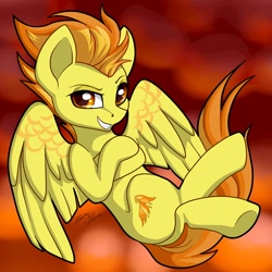 Size: 780x780 | Tagged: safe, artist:gleamydreams, imported from derpibooru, spitfire, pegasus, pony, blurry background, female, full body, grin, hooves, looking at you, mare, partially open wings, shading, signature, smiling, smiling at you, solo, wings