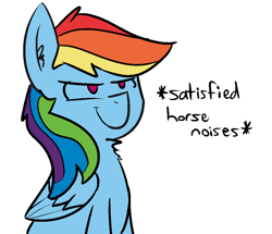 Size: 883x760 | Tagged: safe, artist:visiti, color edit, edit, imported from twibooru, rainbow dash, pegasus, pony, colored, cropped, cute, descriptive noise, ear fluff, horse noises, image, png, satisfied, simple background, smiling, solo, white background