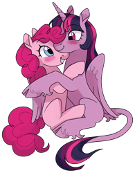 Size: 636x814 | Tagged: safe, artist:universal-heart, imported from twibooru, pinkie pie, twilight sparkle, alicorn, earth pony, pony, blushing, cloven hooves, couple, cuddling, curly hair, female, image, leonine tail, lesbian, looking at each other, missing cutie mark, png, shipping, simple background, smiling, transparent background, twinkie, unshorn fetlocks