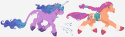 Size: 6156x1834 | Tagged: safe, artist:universal-heart, imported from twibooru, izzy moonbow, sunny starscout, earth pony, pony, unicorn, accessories, bag, blushing, braid, coat markings, colored hooves, duo, female, g5, image, jewelry, leonine tail, looking at each other, mare, png, running, saddle bag, simple background, tongue out, unshorn fetlocks, white background