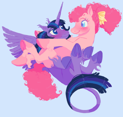 Size: 3316x3148 | Tagged: safe, artist:universal-heart, imported from twibooru, pinkie pie, twilight sparkle, alicorn, earth pony, pony, alternate design, blushing, bow, colored hooves, couple, curly hair, female, hair bow, heart eyes, holding a pony, image, leonine tail, lesbian, looking at each other, mare, missing cutie mark, png, ponytail, shipping, simple background, smiling at each other, twinkie, underhoof, unshorn fetlocks, wingding eyes