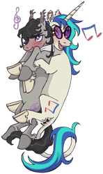 Size: 2081x3512 | Tagged: safe, artist:universal-heart, imported from twibooru, dj pon-3, octavia melody, vinyl scratch, earth pony, pony, unicorn, blushing, cloven hooves, couple, cuddling, duo, duo female, ear piercing, female, glasses, image, leonine tail, lesbian, mare, music notes, open mouth, piercing, png, scratchtavia, shipping, simple background, transparent background, unshorn fetlocks