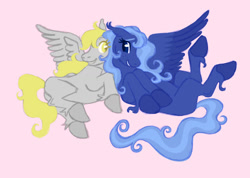 Size: 1280x911 | Tagged: safe, artist:universal-heart, imported from twibooru, derpy hooves, princess luna, pegasus, pony, duo, duo female, female, image, lesbian, looking at each other, lunaderp, lying down, missing cutie mark, needs more jpeg, pegasus luna, shipping, simple background, smiling at each other, spread wings, unshorn fetlocks, wings