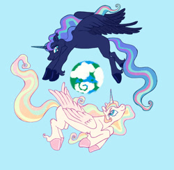 Size: 1280x1255 | Tagged: safe, artist:universal-heart, imported from twibooru, princess celestia, princess luna, alicorn, pony, alternate design, colored hooves, earth, female, image, looking at each other, multicolored hair, needs more jpeg, planet, siblings, simple background, sisters, smiling