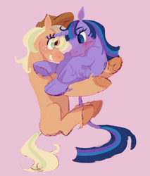 Size: 1280x1503 | Tagged: safe, artist:universal-heart, imported from twibooru, applejack, twilight sparkle, earth pony, pony, unicorn, alternate design, blushing, cloven hooves, female, freckles, hat, holding a pony, image, leonine tail, lesbian, looking at each other, mare, missing cutie mark, png, shipping, simple background, sitting, smiling, twijack, unicorn twilight, unshorn fetlocks