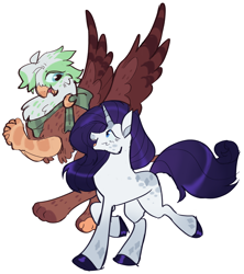 Size: 2304x2600 | Tagged: safe, artist:lovedletters, imported from twibooru, greta, rarity, griffon, pony, unicorn, alternate design, clothes, coat markings, colored hooves, duo, duo female, female, flying, gradient hooves, image, looking at each other, mare, png, raised hoof, scarf, simple background, striped scarf, white background