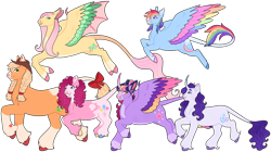 Size: 1280x718 | Tagged: safe, artist:s0ftserve, imported from twibooru, applejack, fluttershy, pinkie pie, rainbow dash, rarity, twilight sparkle, alicorn, earth pony, pegasus, pony, unicorn, alternate cutie mark, alternate design, bow, braid, coat markings, colored hooves, colored wings, curved horn, fangs, flying, glasses, gradient hooves, heart mark, horn, hybrid wings, image, leonine tail, mane six, multicolored wings, png, raised hoof, simple background, size difference, smiling, transparent background, unshorn fetlocks, wings