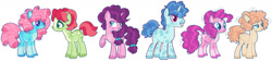 Size: 1280x289 | Tagged: safe, artist:lovedletters, imported from twibooru, party favor, pinkie pie, sugar belle, surprise, earth pony, pegasus, pony, unicorn, alternate design, base used, coat markings, colored hooves, female, image, line-up, male, mare, needs more jpeg, race swap, redesign, simple background, stallion, white background