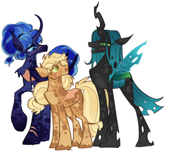 Size: 2800x2464 | Tagged: safe, artist:lovedletters, imported from twibooru, applejack, princess luna, queen chrysalis, alicorn, changeling, earth pony, pony, alternate design, alternate hairstyle, blushing, coat markings, curved horn, female, height difference, horn, image, lesbian, looking at each other, mare, missing hat, png, polyamory, raised hoof, scar, simple background, standing, white background