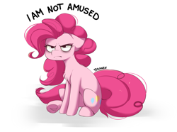 Size: 1427x1062 | Tagged: safe, artist:teranen, imported from twibooru, pinkie pie, earth pony, pony, annoyed, bags under eyes, chest fluff, expression, female, glare, grumpy, image, mare, pinkie is not amused, png, reaction image, simple background, sitting, solo, tired, underhoof, white background