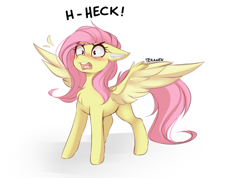 Size: 2116x1509 | Tagged: safe, artist:teranen, imported from twibooru, fluttershy, pegasus, pony, angry, blushing, chest fluff, cute, daaaaaaaaaaaw, dialogue, ear fluff, female, floppy ears, heck, image, mare, open mouth, peeved, png, potty mouth, pseudoswear, reaction image, shyabetes, simple background, sketch, solo, spread wings, standing, swearing, swearyshy, three quarter view, two toned wings, vulgar, white background, wing fluff, wings