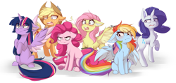 Size: 2892x1377 | Tagged: safe, artist:teranen, imported from twibooru, applejack, fluttershy, pinkie pie, rainbow dash, rarity, twilight sparkle, alicorn, earth pony, pegasus, pony, unicorn, annoyed, bags under eyes, chest fluff, disgusted, expressions, female, floppy ears, group photo, grumpy, image, judgement, mane six, mare, not amused face, oh hell no, open mouth, pinkie is not amused, png, reaction image, shocked, simple background, sketch, twilight sparkle (alicorn), unamused, white background