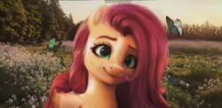 Size: 1166x567 | Tagged: safe, artist:annaxeptable, edit, imported from twibooru, fluttershy, butterfly, insect, pegasus, pony, g4 to g5, g5, image, png, smiling, solo
