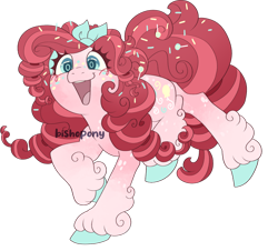 Size: 1280x1156 | Tagged: safe, artist:bishopony, imported from twibooru, pinkie pie, earth pony, pony, alternate design, bow, candy, colored hooves, female, food, freckles, hair accessory, hair bow, hoof fluff, image, mare, open mouth, png, simple background, solo, sprinkles, transparent background