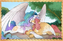 Size: 3000x1945 | Tagged: safe, artist:meadowmood, imported from twibooru, fluttershy, princess celestia, alicorn, pegasus, pony, alternate cutie mark, alternate design, crying, female, holding hooves, image, kissing, lesbian, lying down, mare, needs more jpeg, wings